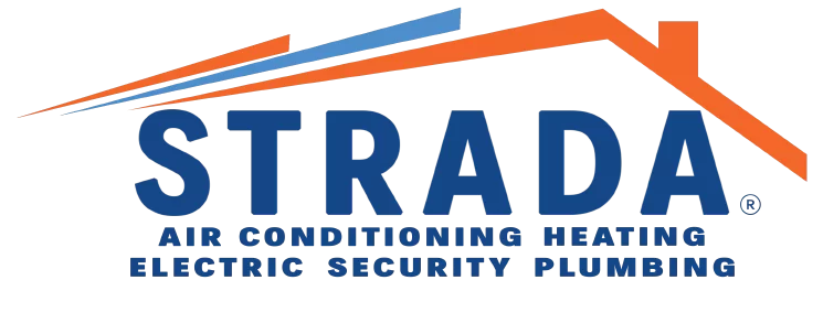 A logo that reads, "Strada Air Conditioning Heating Electric Security Plumbing" with a blue and orange roof.